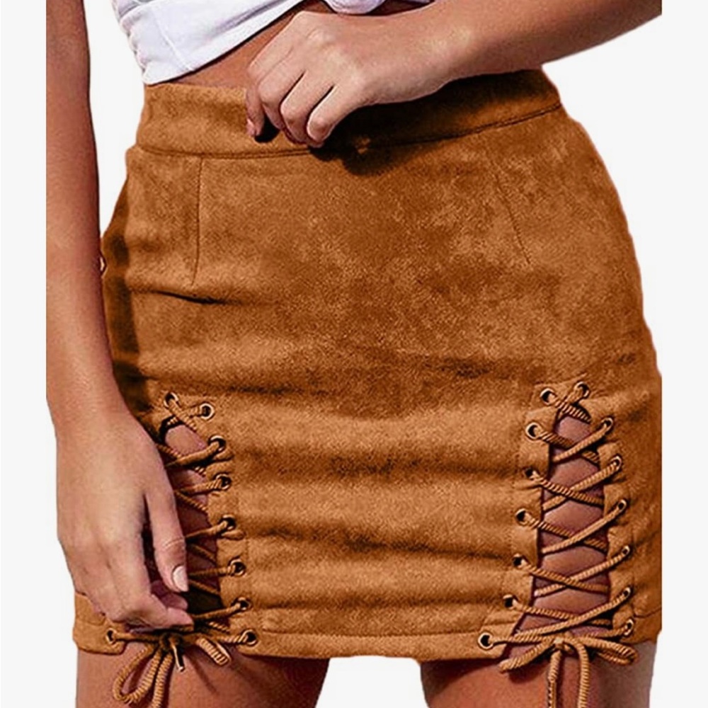 Womens Sexy High Waist Lace Up Bodycon Faux Suede Split Tight Mini Skirt